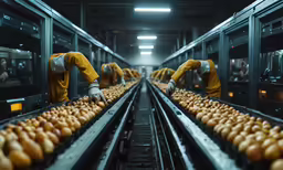 conveyor belt of a donuts factory with workers picking donuts