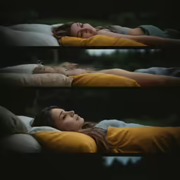 three photos of a girl laying on a yellow sheet