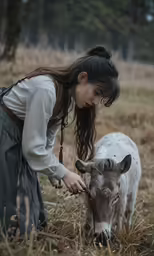a woman is petting a baby cow in a field