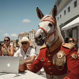 the man is dressed in a uniform with a horse head and laptop on his lap