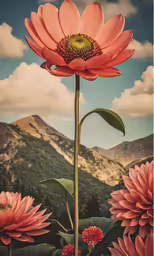 pink flowers with a mountainous background are featured