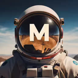 an astronaut with a white m logo is shown in front of a landscape