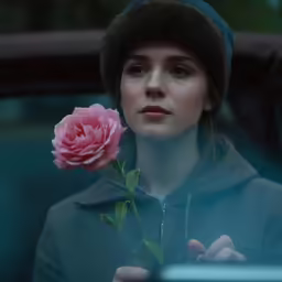 woman with coat and hat holding pink rose in hand