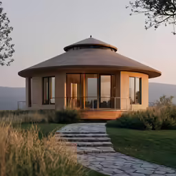 a small house sitting on top of a lush green hillside