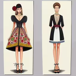 an image of two outfits on a fashion design,the drawing shows a woman dressed in old fashion,a drawing of two women in dresses,some pictures of three women in dresses,two drawings of fashionable women wearing short dresses