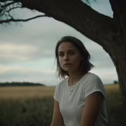 the woman is staring ahead in a field near a tree