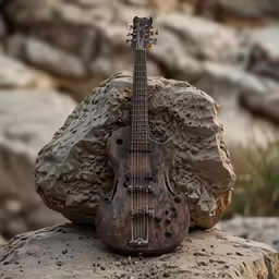 a wooden guitar sits on some rock by some rocks