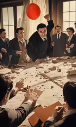 a bunch of men sitting around a long table