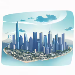 a large city with tall buildings standing on a island