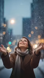 a woman standing in the rain looking up
