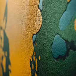 closeup of the green, yellow and blue paint on a wall