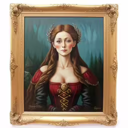 a portrait of a woman in medieval clothing,portrait of a woman wearing red in an ornate frame