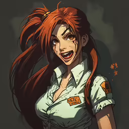 a drawing of a woman in a uniform with orange hair