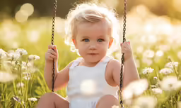 a baby girl sits on a swing with flowers
