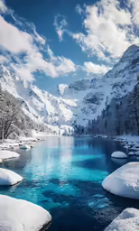 the snow covered landscape is next to a river