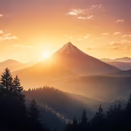 a mountain covered in trees under a sunset