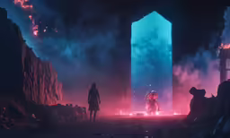 people standing in an open space near a blue and pink light
