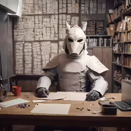 a man in a knight costume at his desk