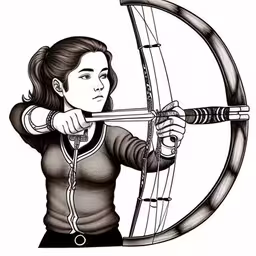 a girl aiming with an arrow and a bow,drawing of girl aiming a bow,a girl with an arrow bow aiming at something,a girl with a bow and arrow is drawing,a woman with an arrow is aiming at something
