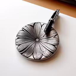 the pen is resting on the decorative ceramic container