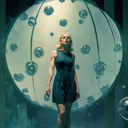 woman with blonde hair walking near giant glass balls