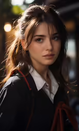 a young woman standing on a sidewalk near streetlights