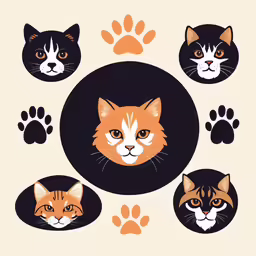 the image shows three different cat heads with various tracks and paws