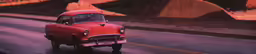 an old red pickup truck on the road at dusk