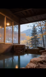 a hot tub with view of trees on mountains outside