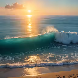 a surf board riding on top of an ocean wave,a large wave is breaking on the beach as the sun sets