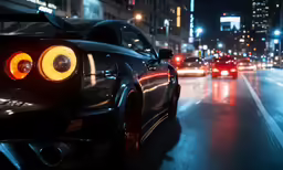 an image of a car driving through a city at night