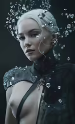 a white haired woman wearing lots of water drops