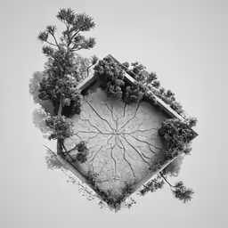 a square tree is placed on top of a snowy field
