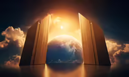 there is a sun shining through the clouds over two buildings