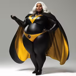 a lady in a black and yellow outfit with cape
