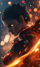 a female in black is wearing armor with flames