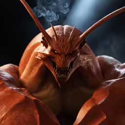a red creature looks at the camera while surrounded by smoke