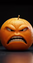 an orange with a face that has a knife in its mouth