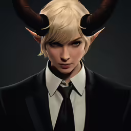 an artistic photo of a woman in a black suit and horns