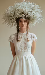 a woman wearing white dress and hat made from flowers