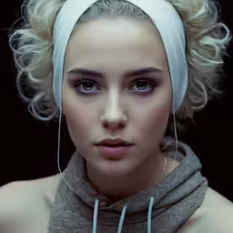 a woman wearing ear tags is looking forward