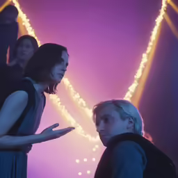 a woman talking to another man in front of a stage
