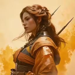 woman in leather armor holding swords and wearing a helmet