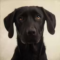 the black dog with his ears down looking at the camera