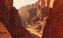 an empty mountain path through rocky cliff formations