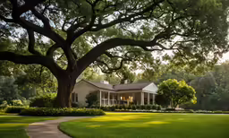 a house surrounded by trees is on the side of the road