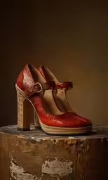 an orange shoe that is sitting on top of a wooden table