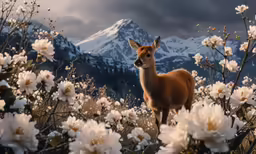 a deer is standing in a field full of flowers