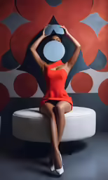 an attractive woman sitting on a stool with a circle behind her head