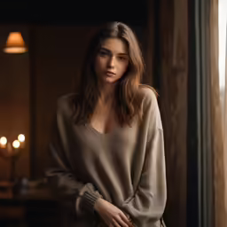 a woman stands near a window in the dark